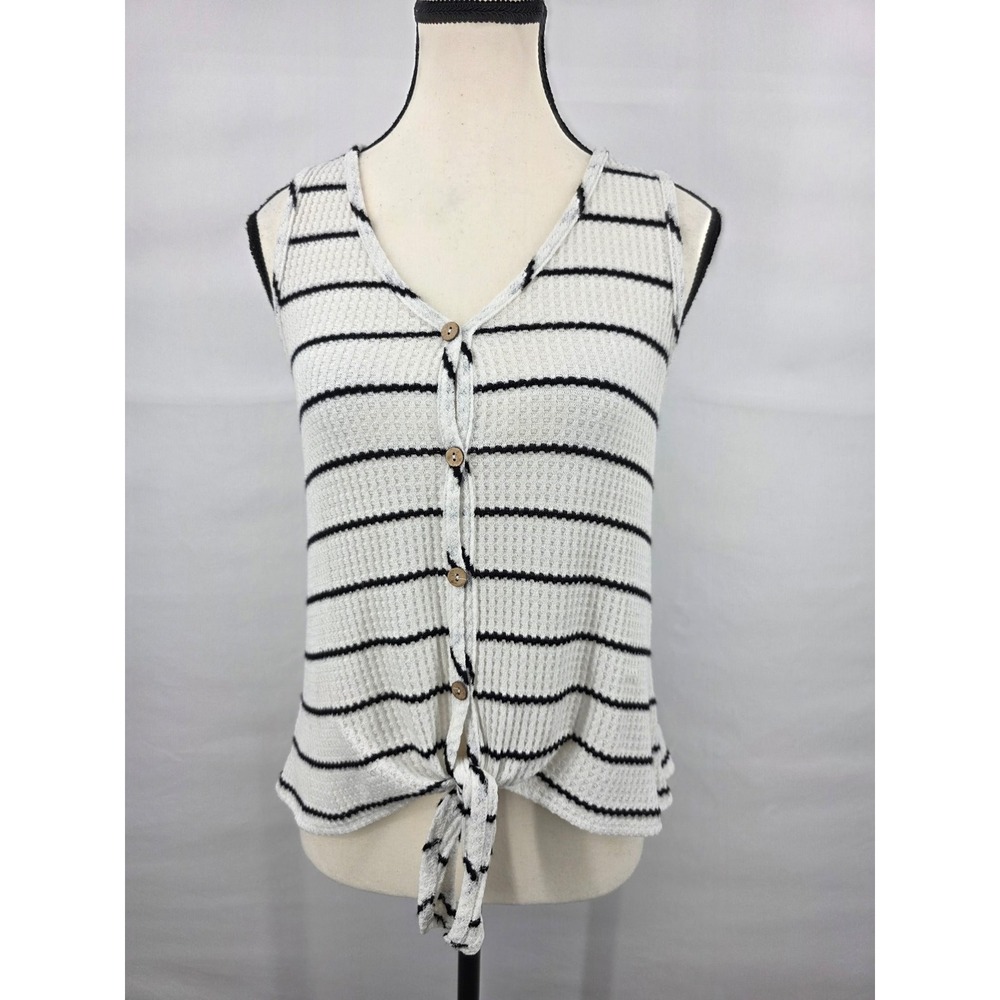 Paper Crane Womens Medium White Black Striped Waffle Knit Tie Front Button Tank